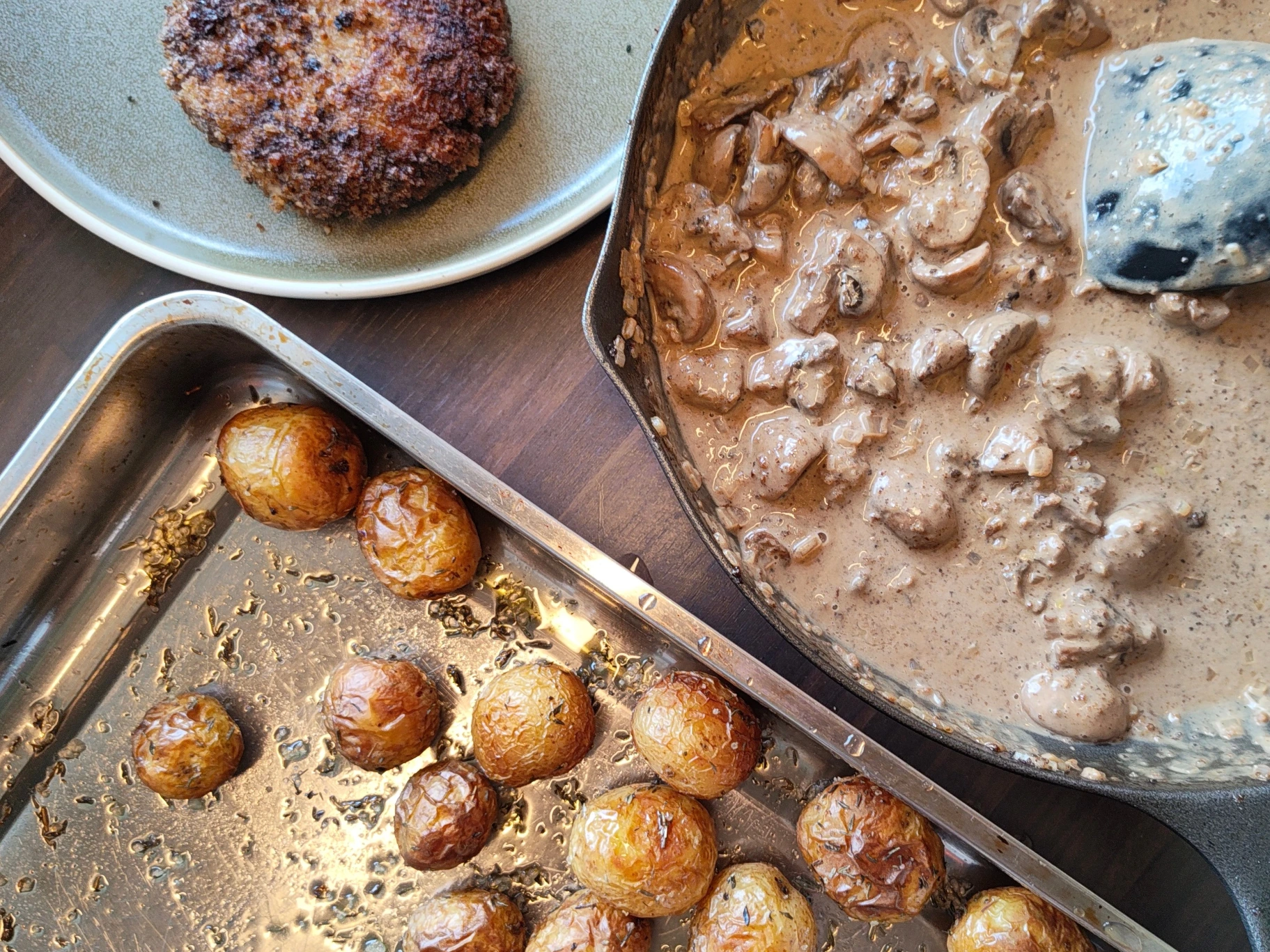 Danish Krebinetter with creamy mushroom sauce and baked potatoes